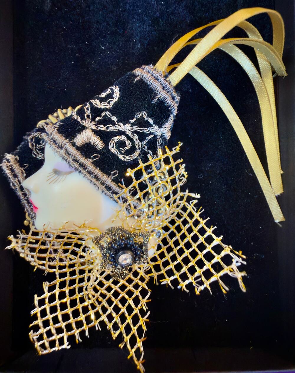 VTG Victorian Revival Mixed Media Hat Brooch Lace Mesh Satin Ribbon Statement